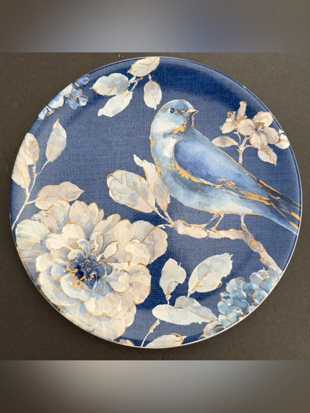 INDIGOLD Set of 3 Blue Bird Floral Plates 9” Gold Details